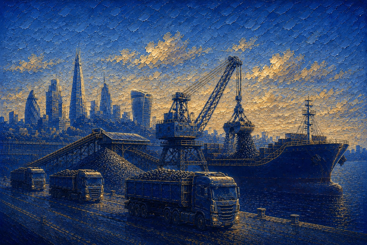 City of London skyline rendered in gold on navy, symbolising access to international capital markets